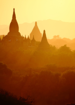 Bagan pagodas in sunfog, Myanmar