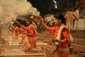 Pūjari during the ritual
