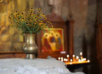 vase of flowers at Jvari Monastery of Mtskheta, Georgia